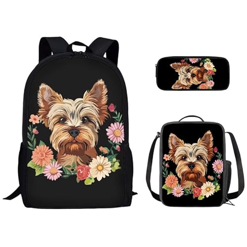 Kuiaobaty Schulranzen-Set für Jungen und Mädchen, Rucksack mit Lunch-Tasche, lebendige Tiere, Schultasche, leichte Büchertasche mit Federmäppchen, Yorkshire Hundeblumen von Kuiaobaty