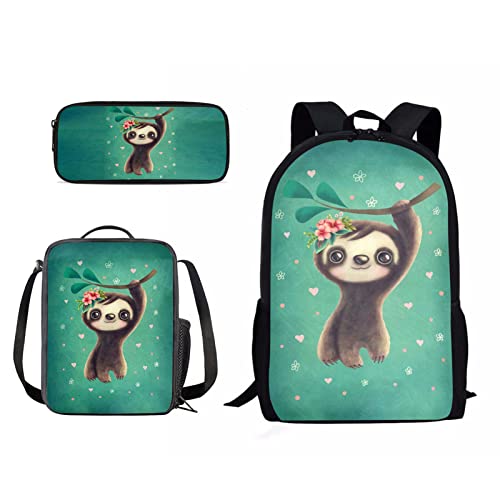 Kuiaobaty Schulranzen Set für Mädchen Jungen 3 in 1 Schultasche mit Lunchtasche Federmäppchen für Mittelschule Schule, Niedliche Faultier, Einheitsgröße, Modern von Kuiaobaty