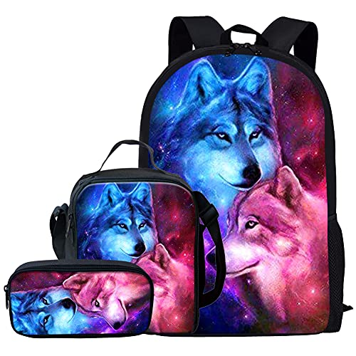 Kuiaobaty Schulranzen Set für Mädchen Jungen 3 in 1 Schultasche mit Lunchtasche Federmäppchen für Mittelschule, coole Wolf, Einheitsgröße, Modern von Kuiaobaty