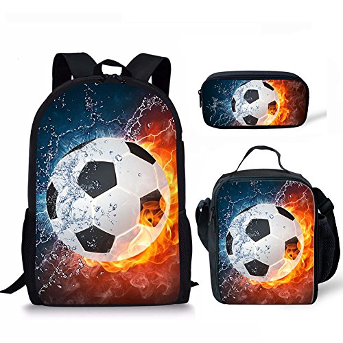 Kuiaobaty Schulranzen Set für Mädchen Jungen 3 in 1 Schulranzen mit Lunchtasche Federmäppchen für Middle College School, fußball, Einheitsgröße, Rucksack von Kuiaobaty