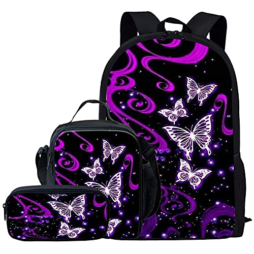 Kuiaobaty Schulranzen Set für Mädchen Jungen 3 in 1 Schultasche mit Lunchtasche Federmäppchen für Mittelschule Schule, violettfarbener schmetterling, Einheitsgröße, Modern von Kuiaobaty