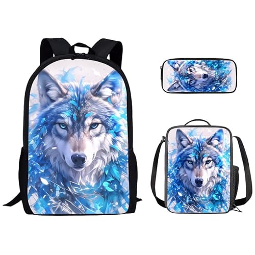 Kuiaobaty Schulranzen Set für Mädchen Jungen 3 in 1 Schultasche mit Lunchtasche Federmäppchen für Mittelschule, Aquarell, blauer Wolf von Kuiaobaty