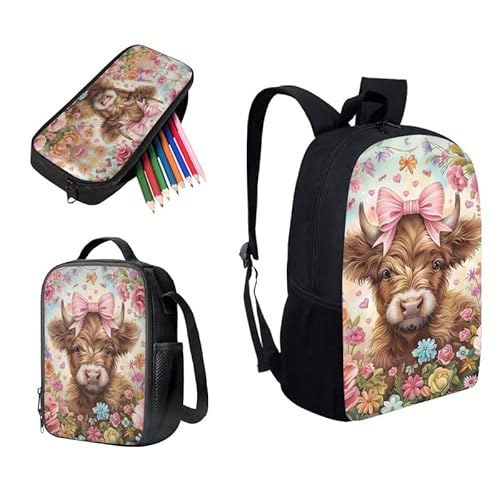 Kuiaobaty Schulranzen Set für Mädchen Jungen 3 in 1 Schultasche mit Lunchtasche Federmäppchen für Mittelschule, Kuhblumen von Kuiaobaty