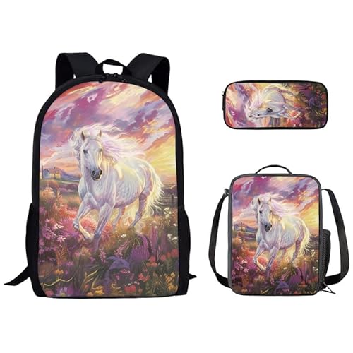 Kuiaobaty Schulranzen Set für Mädchen Jungen 3 in 1 Schultasche mit Lunchtasche Federmäppchen für Mittelschule, Paint White Horse von Kuiaobaty