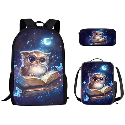 Kuiaobaty Schulranzen Set für Mädchen Jungen 3 in 1 Schultasche mit Lunchtasche Federmäppchen für Mittelschule, Weise Eule von Kuiaobaty