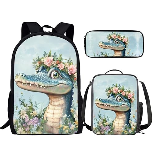Kuiaobaty Schulranzen Set für Mädchen Jungen 3 in 1 Schultasche mit Lunchtasche Federmäppchen für Mittelschule, krokodil von Kuiaobaty