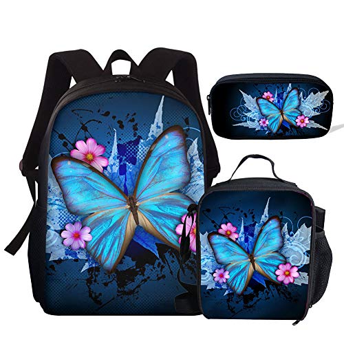 Kuiaobaty Schulranzen Set für Mädchen Jungen 3 in 1 Schultasche mit Lunchtasche Federmäppchen für Mittelschule Schule, schmetterling, Einheitsgröße, Modern von Kuiaobaty