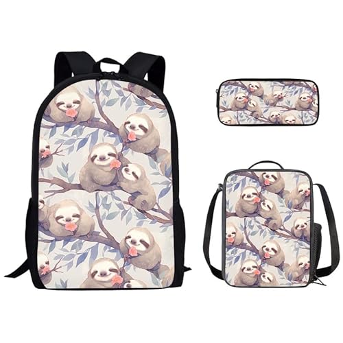 Kuiaobaty Schulrucksack Mädchen Jungen Tasche Set mit Lunchtasche Federmäppchen 3 in 1 Schultasche, Baumfaultiere von Kuiaobaty