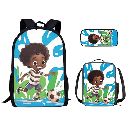 Kuiaobaty Schulrucksack-Set für Jungen, Panda, Wolf, Traktor, Büchertasche, Federmäppchen, Lunch-Tasche, tragbar, Reisen, Camping, Wandern, Tagesrucksack, Fußball-Junge von Kuiaobaty