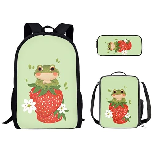 Kuiaobaty Schulrucksack-Set für Jungen, Panda, Wolf, Traktor, Büchertasche, Federmäppchen, Lunch-Tasche, tragbar, Reisen, Camping, Wandern, Tagesrucksack, Grüner Frosch von Kuiaobaty