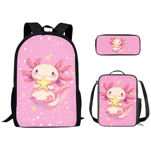 Kuiaobaty Schulrucksack-Set für Jungen, Panda, Wolf, Traktor, Büchertasche, Federmäppchen, Lunch-Tasche, tragbar, Reisen, Camping, Wandern, Tagesrucksack, Kawaii Axolotl von Kuiaobaty