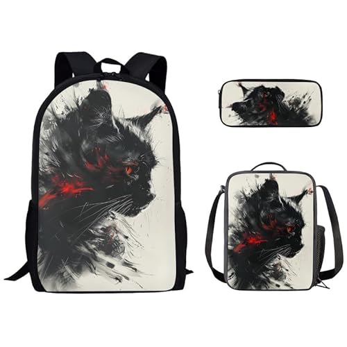 Kuiaobaty Schulrucksack-Set für Jungen, Panda, Wolf, Traktor, Büchertasche, Federmäppchen, Lunch-Tasche, tragbar, Reisen, Camping, Wandern, Tagesrucksack, Tintenfarbe Katze von Kuiaobaty