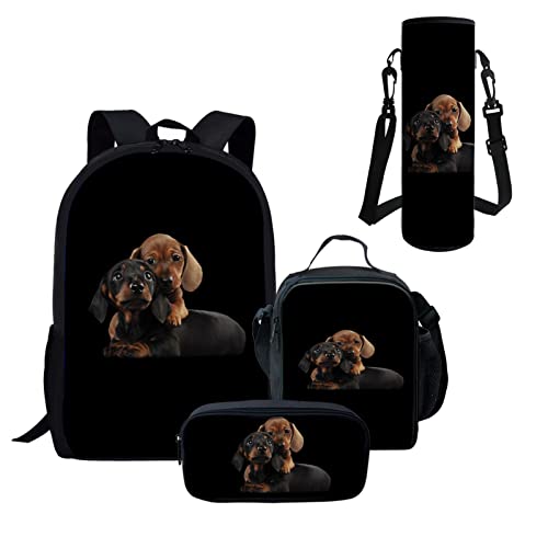 Kuiaobaty Schulrucksack-Set für Kinder, Schulranzen-Set, 4 Stück, Tagesrucksack mit Wasserflaschenbezug, Lunchtasche, Büchertasche mit Federmäppchen, Dackel Hund von Kuiaobaty