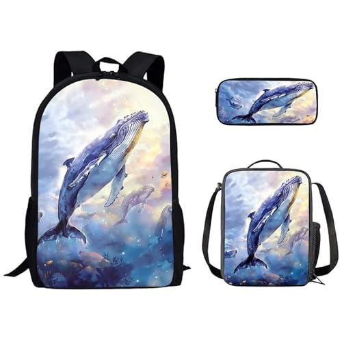 Kuiaobaty Schulrucksack-Set mit Federmäppchen, Lunchtasche, Wolfspferd, Traktor, Jungen, Mädchen, Tagesrucksack für Reisen, Camping, Wandern, Aquarell-Wal von Kuiaobaty