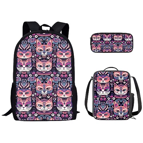 Kuiaobaty Schulrucksack-Set mit Federmäppchen Lunchtasche Wolf Pferd Traktor Jungen Mädchen Daypack für Reisen Camping Wandern, Neuheit Katze von Kuiaobaty