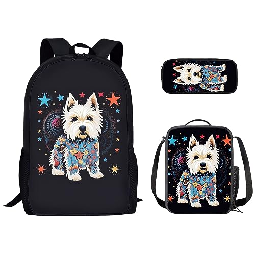 Kuiaobaty Schulrucksack-Set mit Federmäppchen Lunchtasche Wolf Pferd Traktor Jungen Mädchen Daypack für Reisen Camping Wandern, Weißer Westie-Hund von Kuiaobaty