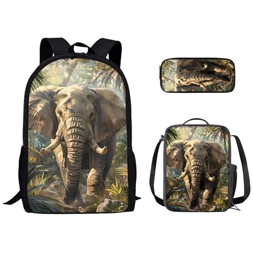 Kuiaobaty Schulrucksack für Kinder, 3 Stück, für Mädchen und Jungen, Dinosaurier, Fußball, Wolf, Pferd, Schultertaschen, Teenager, Studenten, Lunch-Tasche, Federmäppchen, Waldelefant von Kuiaobaty