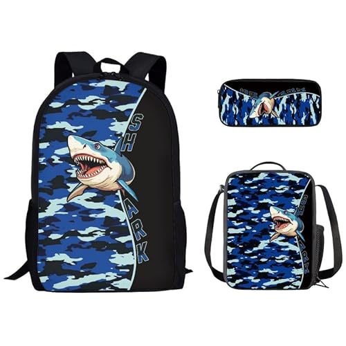 Kuiaobaty Schulrucksack für Kinder, 3 Stück, für Mädchen und Jungen, Dinosaurier, Fußball, Wolf, Pferd, Schultertaschen, Teenager, Studenten, Lunch-Tasche, Federmäppchen, hai von Kuiaobaty