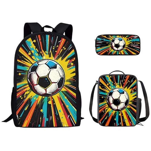 Kuiaobaty Schultasche mit Fußball-Aufdruck für Jungen, Kinder, Büchertasche, Rucksack, Fußball-Fans, Rucksack-Set mit isolierter Lunchtasche, Federmäppchen, fußball von Kuiaobaty