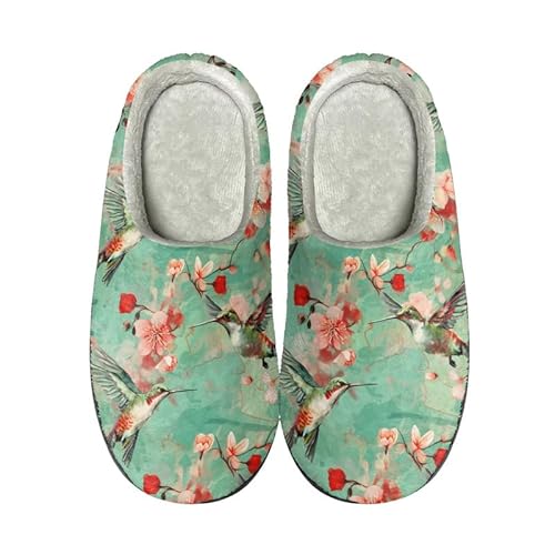 Kuiaobaty Slip-on Indoor Hausschuhe Damen Herren Hausschuhe Sliders, Giraffe, Marienkäfer, Libelle, Hunde Print Winter Hausschuhe Anti Rutsch, Kolibris Blumen, 40.5/41 EU von Kuiaobaty