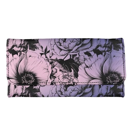 Kuiaobaty Süße Katze Druck Lange Leder Geldbörse für Frauen, Regenbogen Streifen Clutch Geldbörse mit Kartenfächern Trifold Geld Handtasche, Blume Zeichnung Pfingstrose, Casual von Kuiaobaty