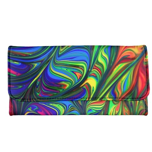 Kuiaobaty Süße Katze Druck Lange Leder Geldbörse für Frauen, Regenbogen Streifen Clutch Geldbörse mit Kartenfächern Trifold Geld Handtasche, Farbe Fluid, Casual von Kuiaobaty