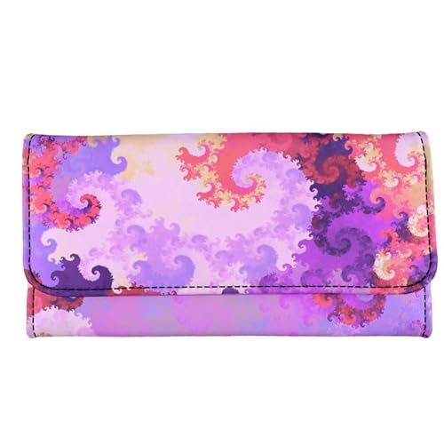 Kuiaobaty Süße Katze Druck Lange Leder Geldbörse für Frauen, Regenbogen Streifen Clutch Geldbörse mit Kartenfächern Trifold Geld Handtasche, Fractal Purple, Casual von Kuiaobaty