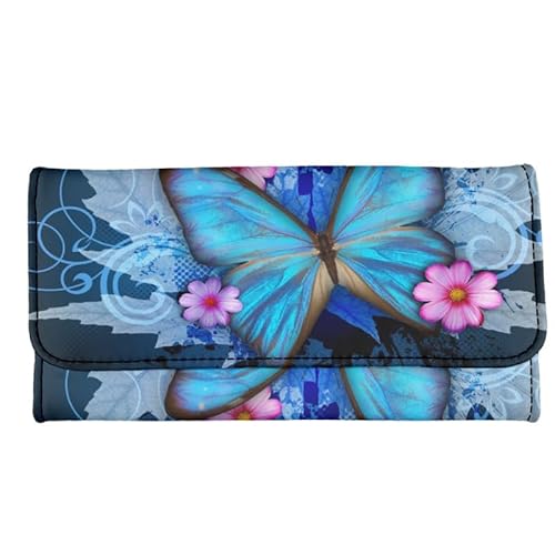 Kuiaobaty Süße Katze Druck Lange Leder Geldbörse für Frauen, Regenbogen Streifen Clutch Geldbörse mit Kartenfächern Trifold Geld Handtasche, Morpho Schmetterling, Casual von Kuiaobaty