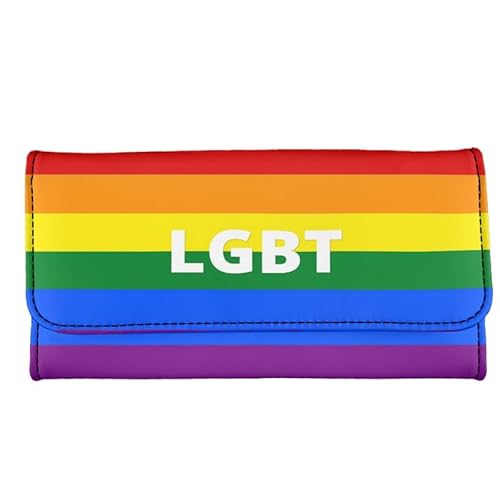 Kuiaobaty Süße Katze Druck Lange Leder Geldbörse für Frauen, Regenbogen Streifen Clutch Geldbörse mit Kartenfächern Trifold Geld Handtasche, Rainbow Pride, Casual von Kuiaobaty