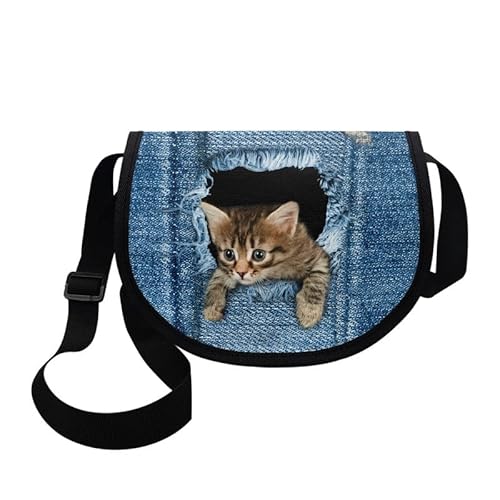 Kuiaobaty Süße Pandas Crossbody Tasche Umhängetasche für Frauen Neuheit Katzen Print Mädchen Mini Messenger Bag Crossover Satteltasche, Fun Jeans Katze von Kuiaobaty