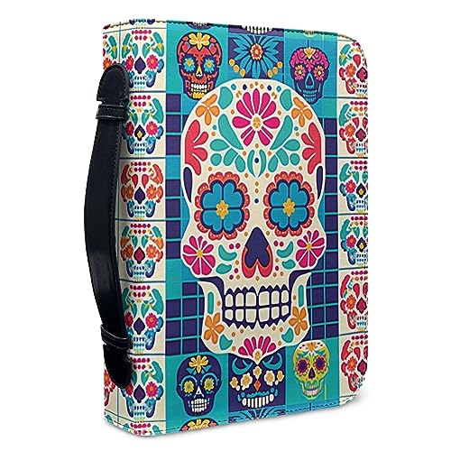 Kuiaobaty Sugar Skulls Pattern Book Case with Handle, Marokkanische Mosaik Kunst Novel Book Carrying Case Zipper PU Leder Book Cover von Kuiaobaty