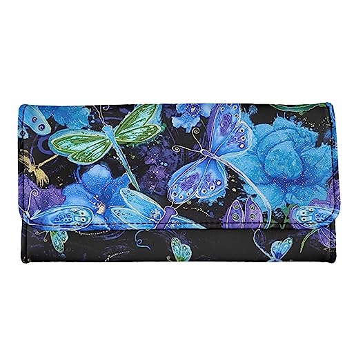 Kuiaobaty Trifold Lange Geldbörse für Frauen, Katzen, Hunde, Panda, Meerschweinchen, Reißverschluss, Münzfach, stilvolle Party-Griff, Clutch-Überschlag, Aquarell Libelle Floral, Casual von Kuiaobaty