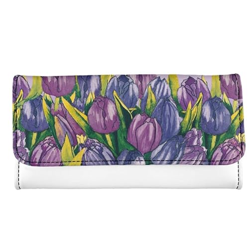 Kuiaobaty Trifold Lange Geldbörse für Frauen, Katzen, Hunde, Panda, Meerschweinchen, Reißverschluss, Münzfach, stilvolle Party-Griff, Clutch-Überschlag, Lila Tulpe Blume, Casual von Kuiaobaty