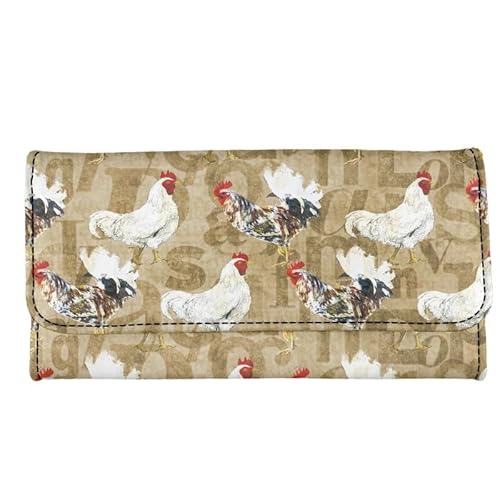 Kuiaobaty Vögel Floral Damen Geldbörse Lange Trifold Geldbörse Clutch Taschen Metallschnalle, Leopardenmuster Frauen Brieftasche Weiches PU-Leder, Bauernhof-Hühner, Casual von Kuiaobaty