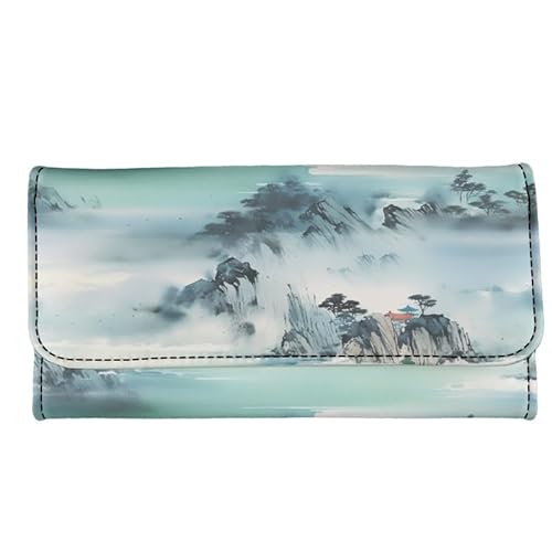 Kuiaobaty Vögel Floral Damen Geldbörse Lange Trifold Geldbörse Clutch Taschen Metallschnalle, Leopardenmuster Frauen Brieftasche Weiches PU-Leder, Chinesische Tintenfarbe Berg, Casual von Kuiaobaty