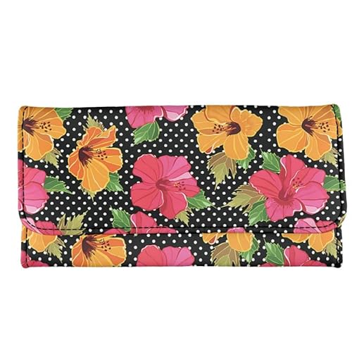 Kuiaobaty Vögel Floral Damen Geldbörse Lange Trifold Geldbörse Clutch Taschen Metallschnalle, Leopardenmuster Frauen Brieftasche Weiches PU-Leder, Hibiskus-Punkte, Casual von Kuiaobaty