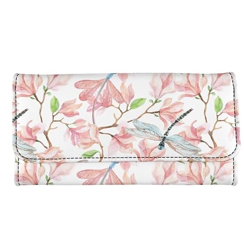 Kuiaobaty Vögel Floral Damen Geldbörse Lange Trifold Geldbörse Clutch Taschen Metallschnalle, Leopardenmuster Frauen Brieftasche Weiches PU-Leder, Libelle Pink Floral, Casual von Kuiaobaty