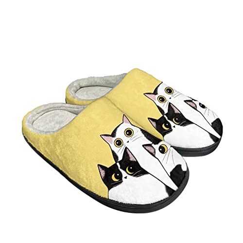 Kuiaobaty Warme Flanell-Hausschuhe für Mädchen, Kuh-Druck, Tiere, Blumenmuster, rutschfest, weiche Hausschuhe, Sohle, gemütliche Hausschuhe, Novelty Cats Yellow, 39.5/40 EU von Kuiaobaty