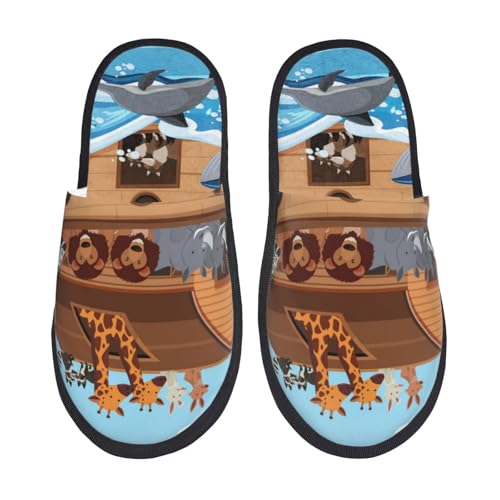 Kuilepa Animals On Noah's Ark Print Damen Hausschuhe Fuzzy Slip On Indoor Outdoor Winter Haus Hausschuhe von Kuilepa
