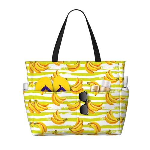 Kuilepa Bananas auf einem gestreiften Druck, Strand-/Pool-Tasche, Tragetasche für Damen, große Sporttasche, Tragetasche für Wochenendreisen, wasserdicht, Schwarz, Einheitsgröße von Kuilepa