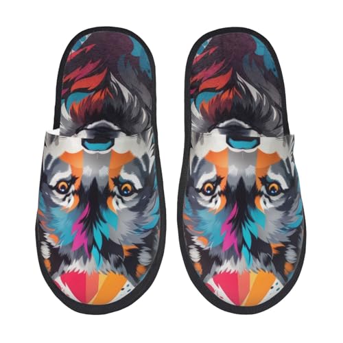 Kuilepa Batik-Wolfkopf-Print für Damen, flauschig, Slipper, für drinnen und draußen, Winterhausschuhe, Schwarz, 6-8.5 Women/6-8 Men von Kuilepa