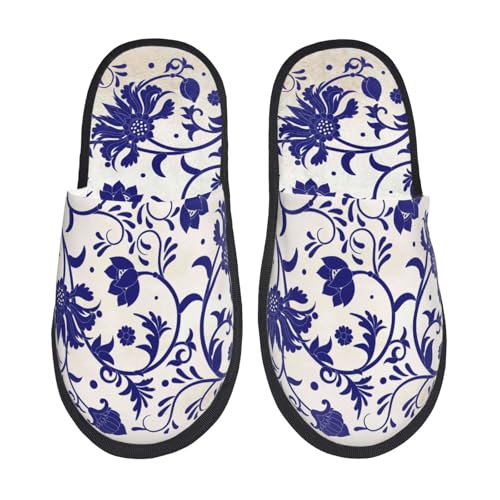 Kuilepa Blau-weiße Damen-Slipper mit Porzellan-Muster, flauschig, für drinnen und draußen, Winterhausschuhe, Schwarz, 6-8.5 Women/6-8 Men von Kuilepa