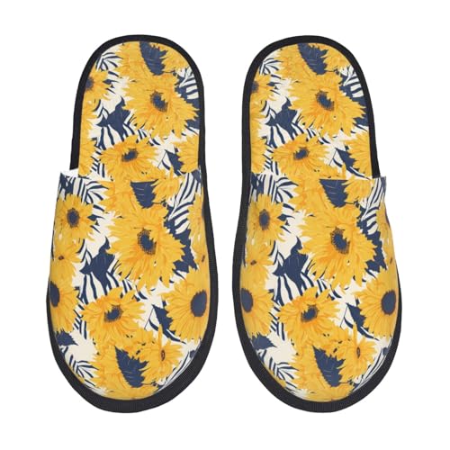 Kuilepa Blaue gestreifte Sonnenblumen-Druck-Damen-Slipper für drinnen und draußen, Winterhausschuhe, Schwarz, 6-8.5 Women/6-8 Men von Kuilepa