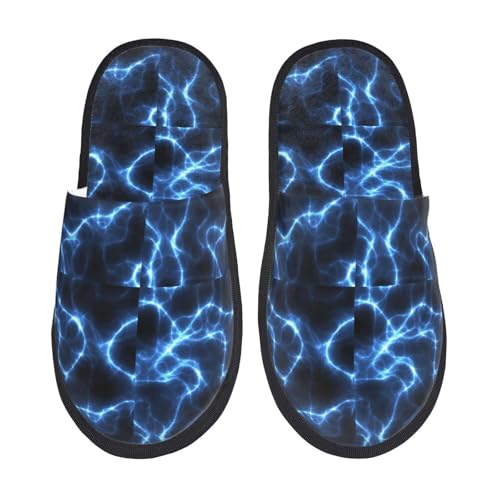 Kuilepa Blauer Blitz-Druck für Damen, flauschige Slipper, für drinnen und draußen, Winterhausschuhe, Schwarz, 6-8.5 Women/6-8 Men von Kuilepa