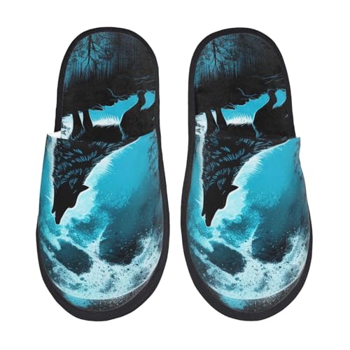 Kuilepa Blauer Vollmond Wolf Print Damen Hausschuhe Fuzzy Slip On Indoor Outdoor Winter Haus Hausschuhe, Schwarz, 6-8.5 Women/6-8 Men von Kuilepa