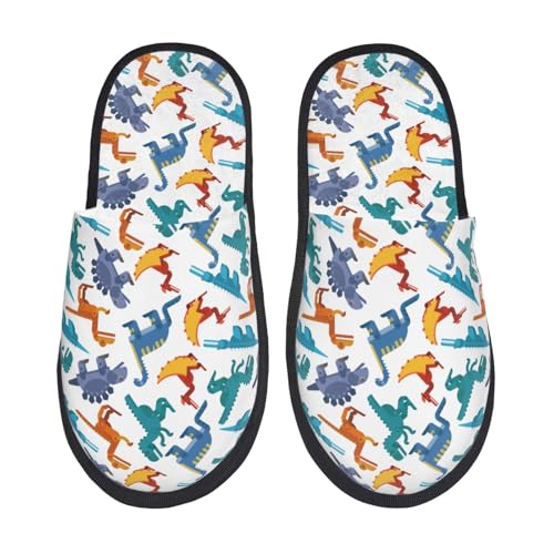 Kuilepa Block-Dinosaurier-Druck, flauschige Schlupfschuhe, für drinnen und draußen, Winterhausschuhe von Kuilepa
