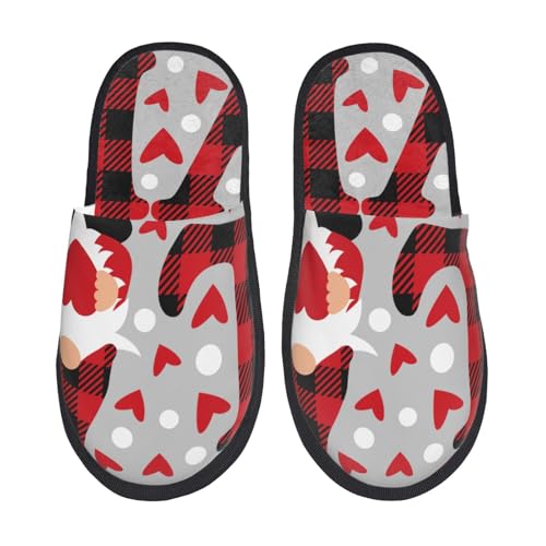 Kuilepa Buffalo Plaid Love and Gnome Print Damen Hausschuhe Fuzzy Slip On Indoor Outdoor Winter Haus Hausschuhe, Schwarz, 6-8.5 Women/6-8 Men von Kuilepa