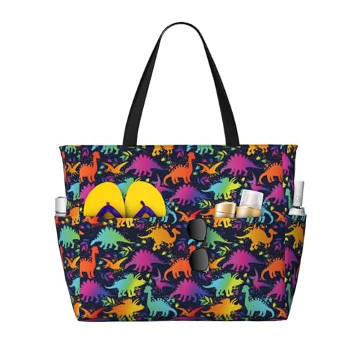 Kuilepa Bunte Dinosaurier-Druck, Strand-/Pool-Tasche, Tragetasche für Damen, große Sporttasche, Handgepäcktasche für Wochenendreisen, wasserdicht von Kuilepa