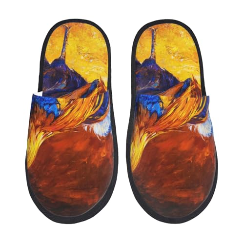 Kuilepa Bunte Hahn-Druck-Hausschuhe für Damen, flauschig, für drinnen und draußen, Winter, Schwarz, 6-8.5 Women/6-8 Men von Kuilepa