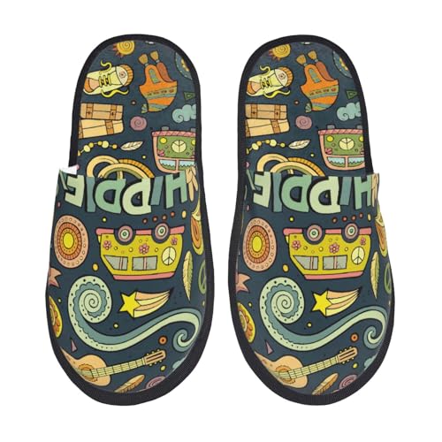 Kuilepa Bunte Hippie-Hausschuhe für Damen, flauschig, für drinnen und draußen, Winterhausschuhe, Schwarz, 6-8.5 Women/6-8 Men von Kuilepa